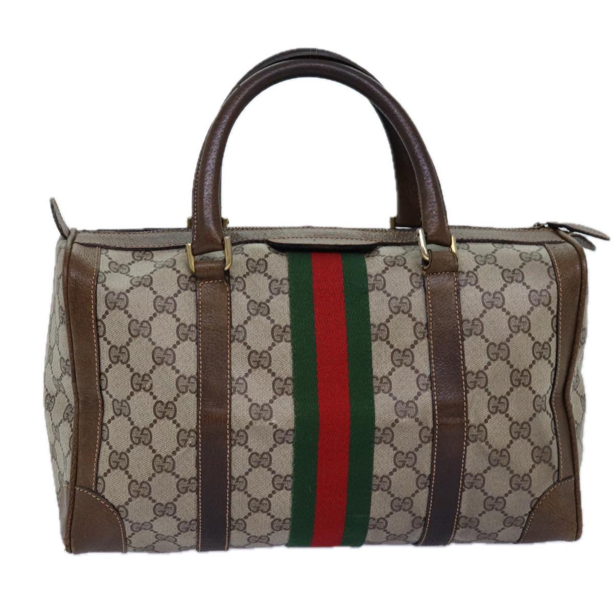 GUCCI GG Supreme Web Sherry Line Boston Bag PVC Beige Red Green Auth 75964