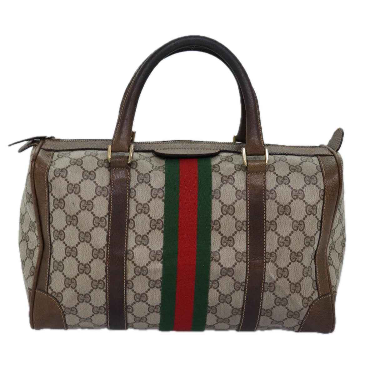 GUCCI GG Supreme Web Sherry Line Boston Bag PVC Beige Red Green Auth 75964