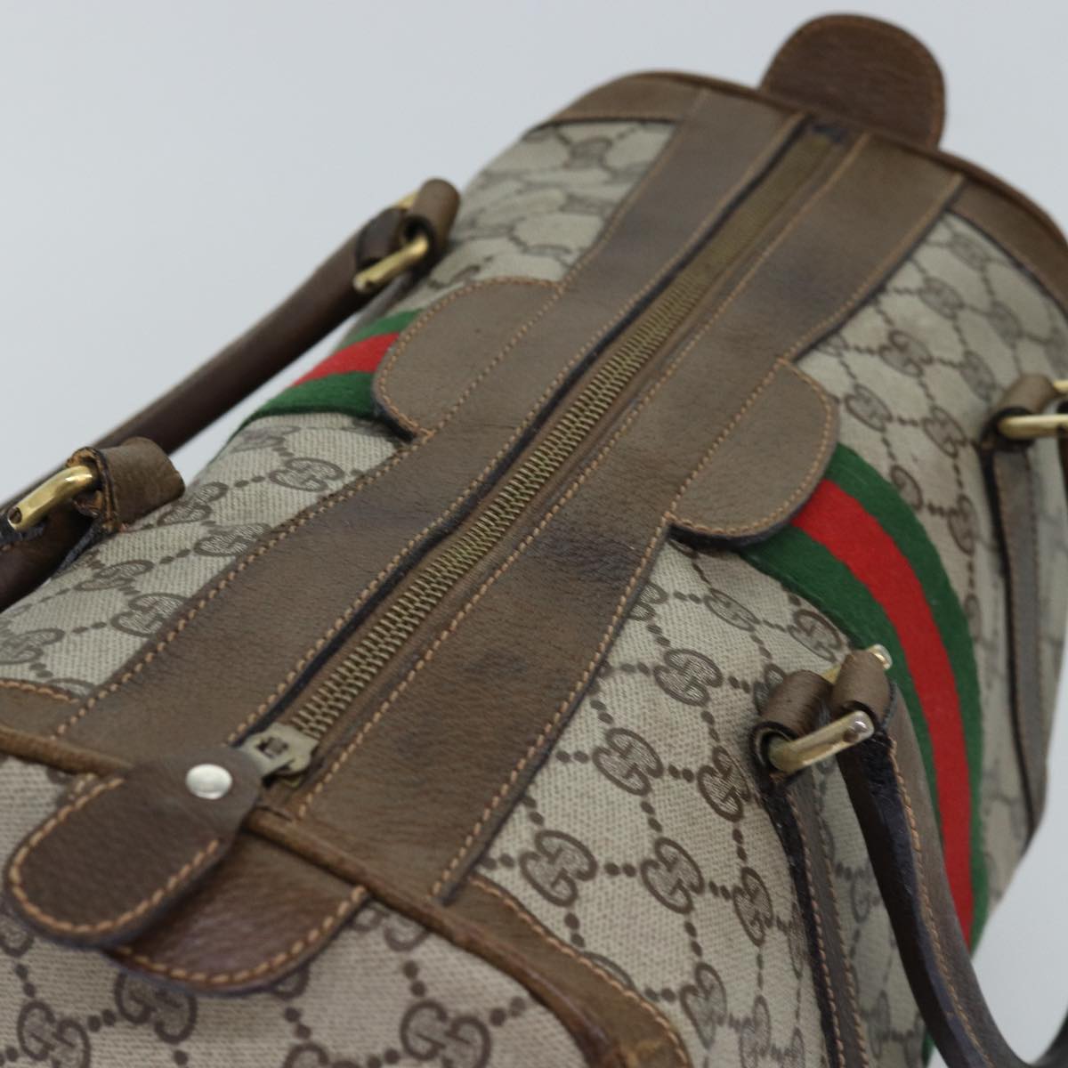 GUCCI GG Supreme Web Sherry Line Boston Bag PVC Beige Red Green Auth 75964