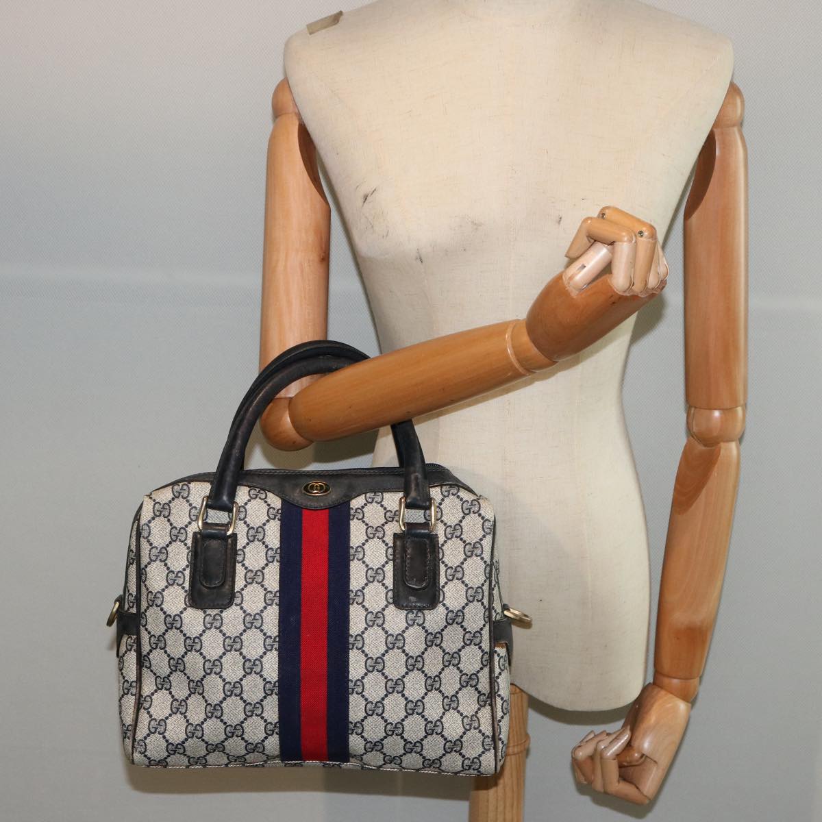 GUCCI GG Supreme Sherry Line Boston Bag PVC Navy Red 37 02 3839 Auth 75966