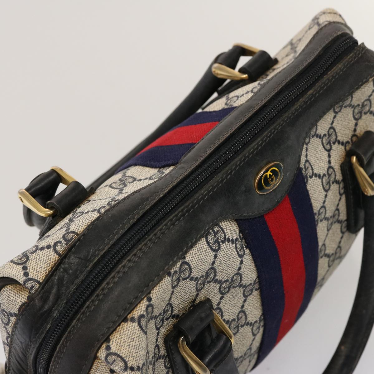 GUCCI GG Supreme Sherry Line Boston Bag PVC Navy Red 37 02 3839 Auth 75966