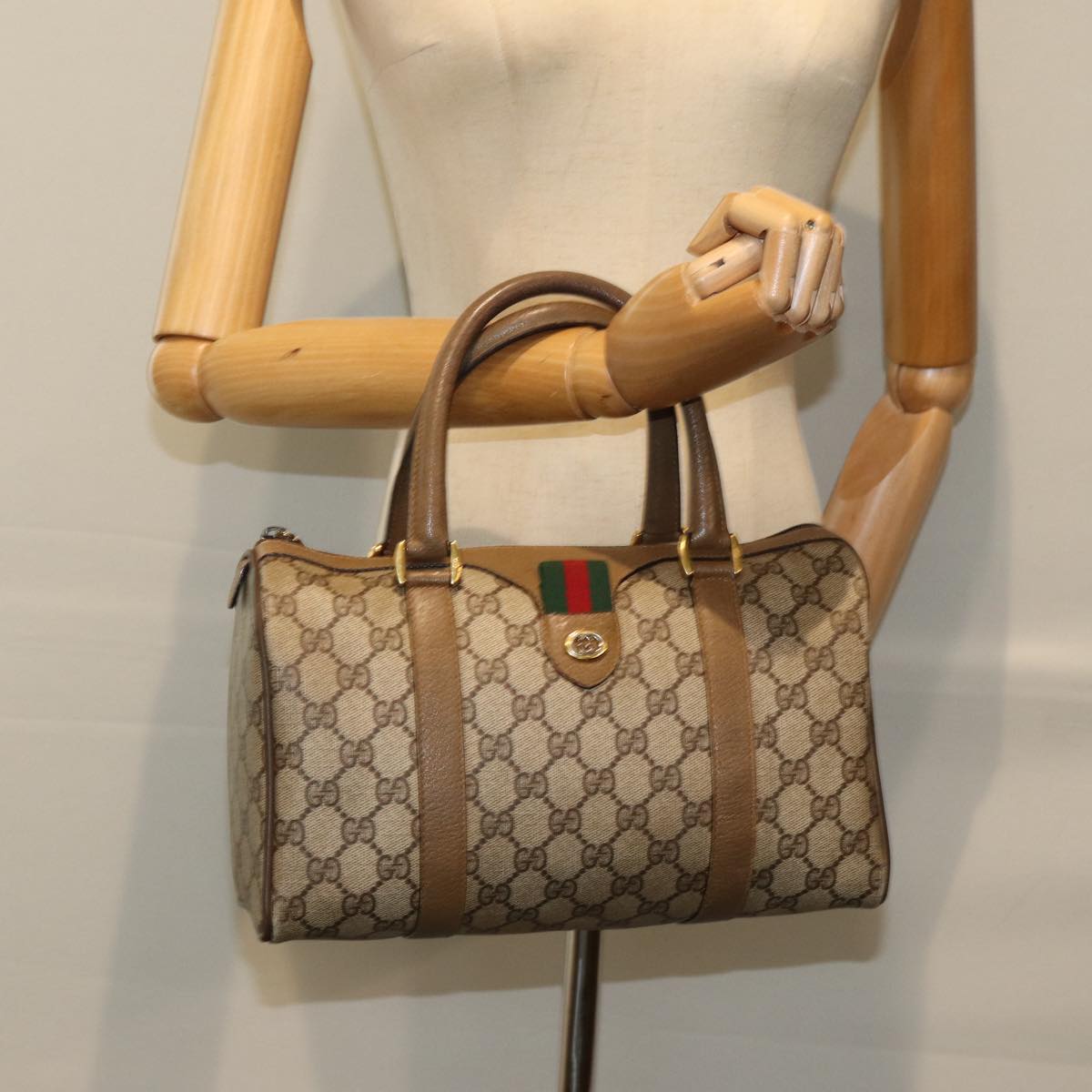 GUCCI GG Supreme Web Sherry Line Boston Bag PVC Beige Red 116 02 006 Auth 75968