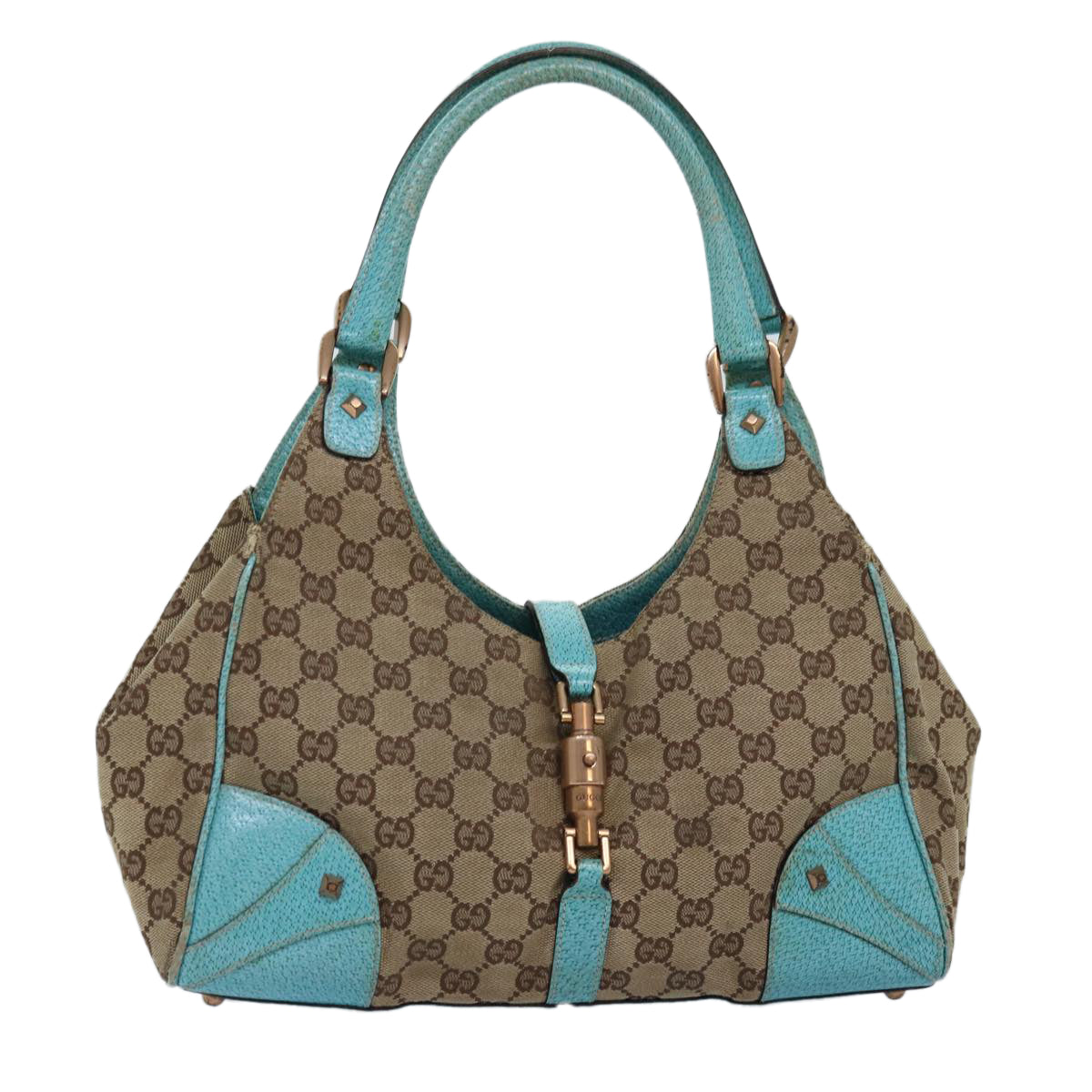 GUCCI GG Canvas Jackie Shoulder Bag Beige Light Blue 124407 Auth 75970