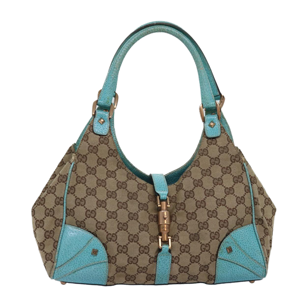 GUCCI GG Canvas Jackie Shoulder Bag Beige Light Blue 124407 Auth 75970