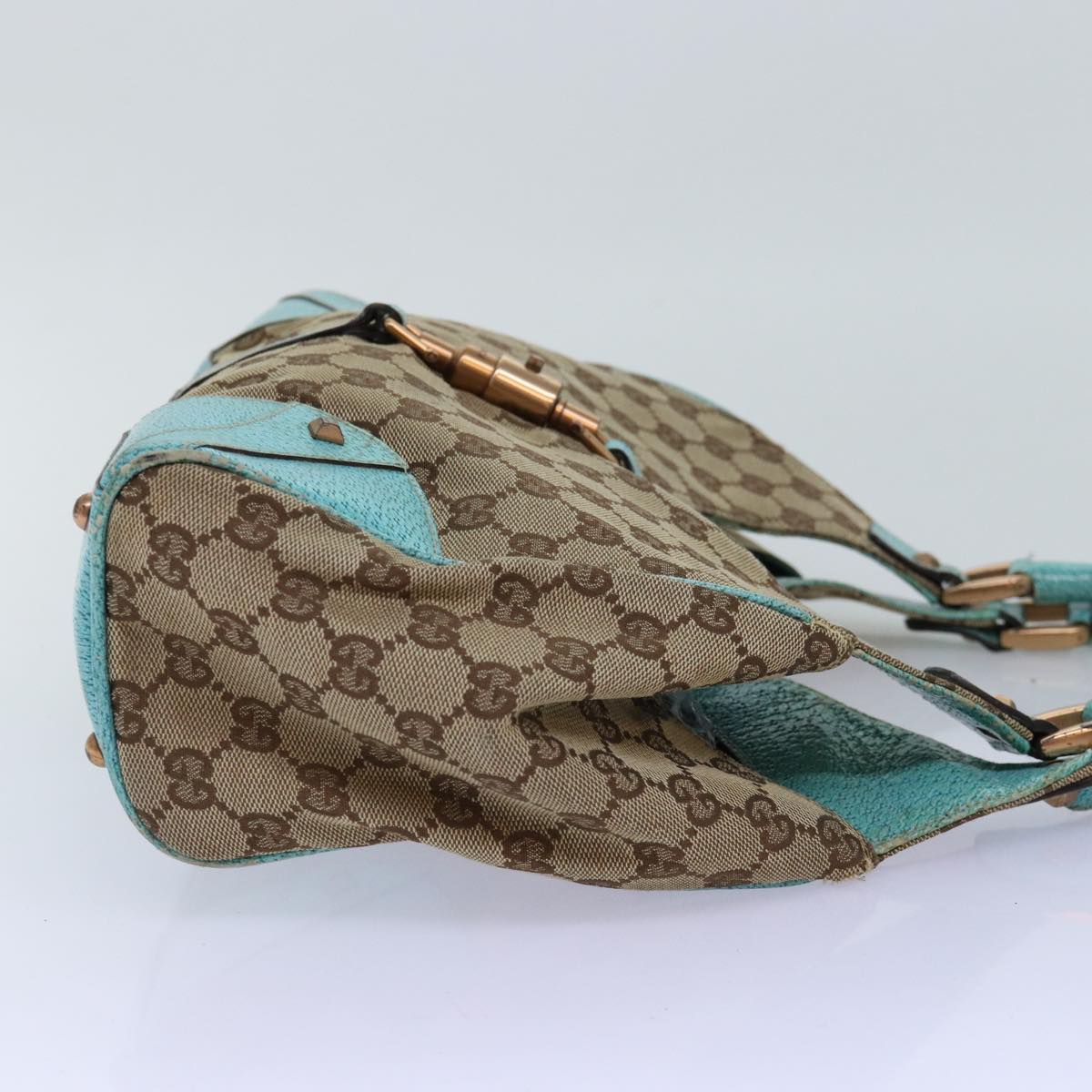 GUCCI GG Canvas Jackie Shoulder Bag Beige Light Blue 124407 Auth 75970