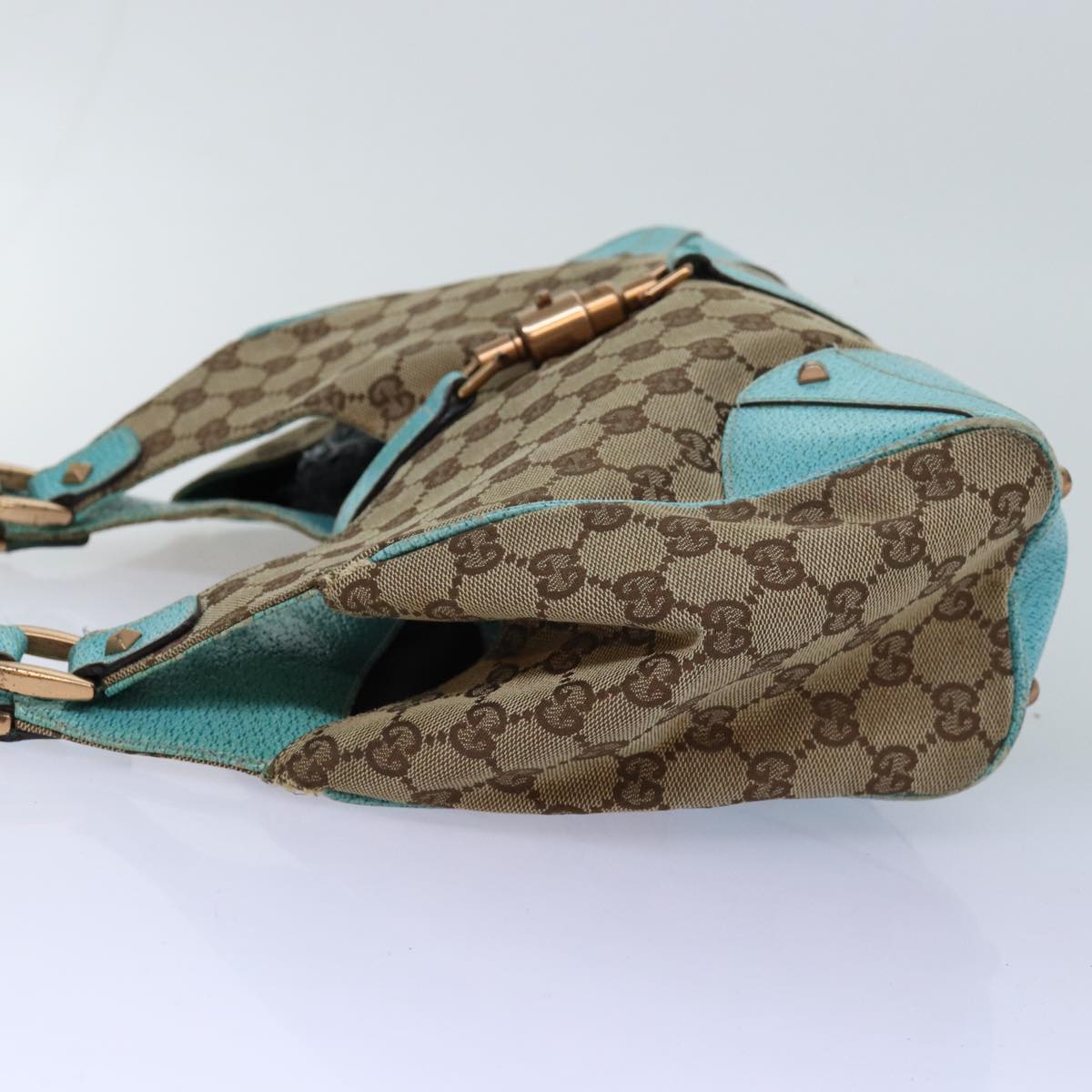 GUCCI GG Canvas Jackie Shoulder Bag Beige Light Blue 124407 Auth 75970