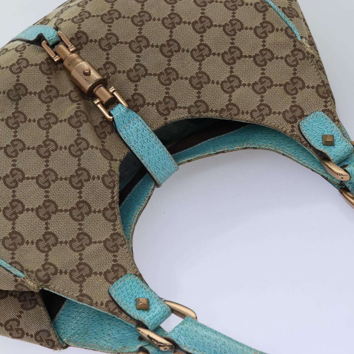 GUCCI GG Canvas Jackie Shoulder Bag Beige Light Blue 124407 Auth 75970