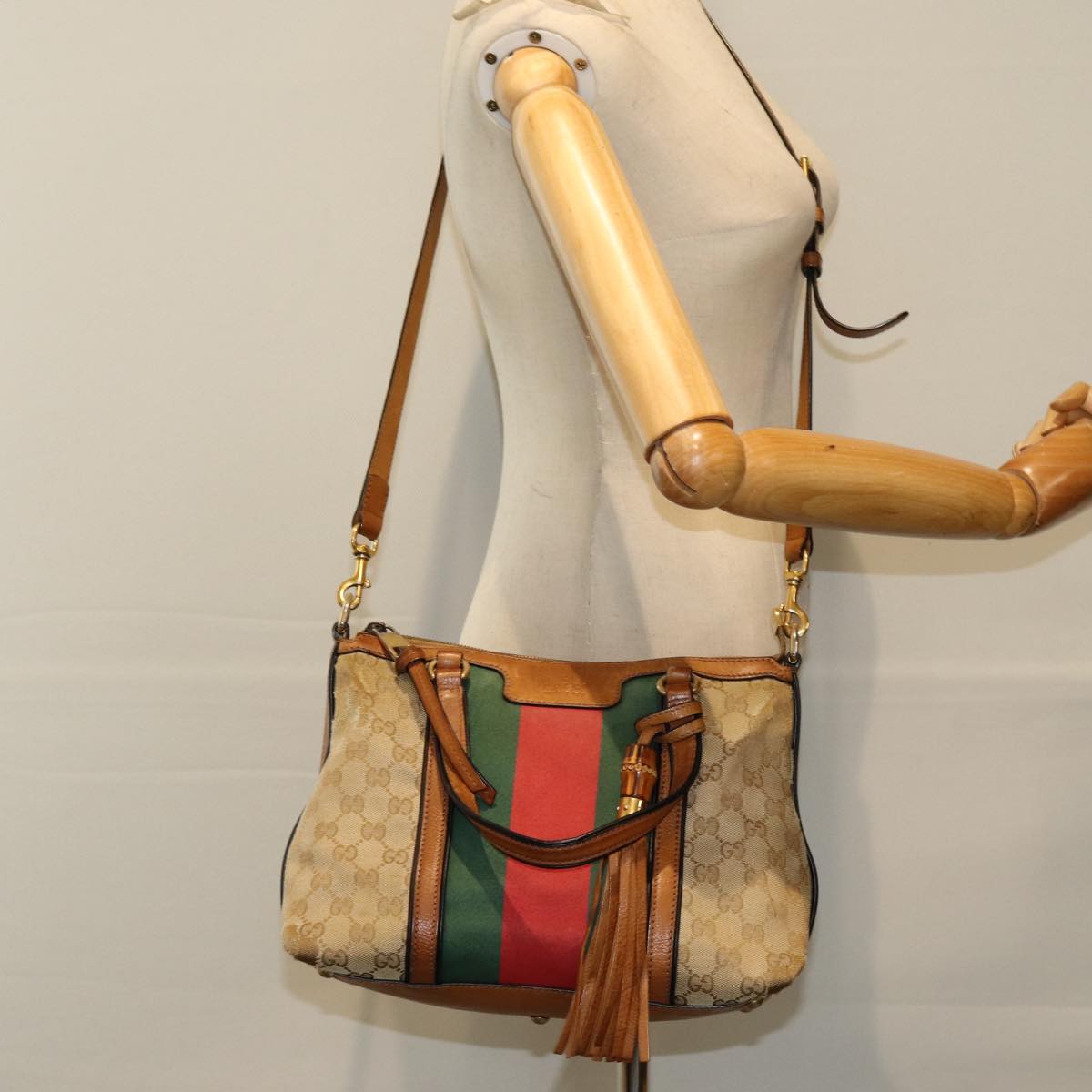 GUCCI GG Canvas Web Sherry Line Hand Bag 2way Beige Red Green 353114 Auth 75982