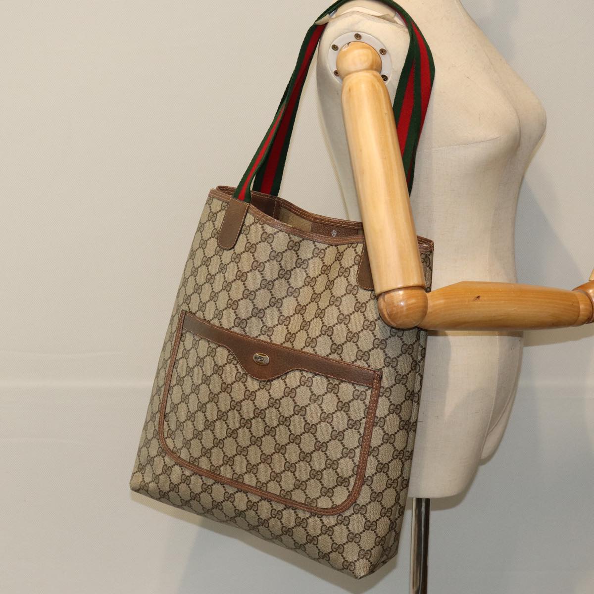 GUCCI GG Supreme Web Sherry Line Tote Bag PCVLeather Beige 39 02 003 Auth 75990