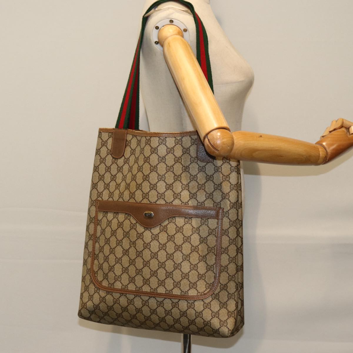 GUCCI GG Supreme Web Sherry Line Tote Bag PCVLeather Beige 39 02 003 Auth 75991