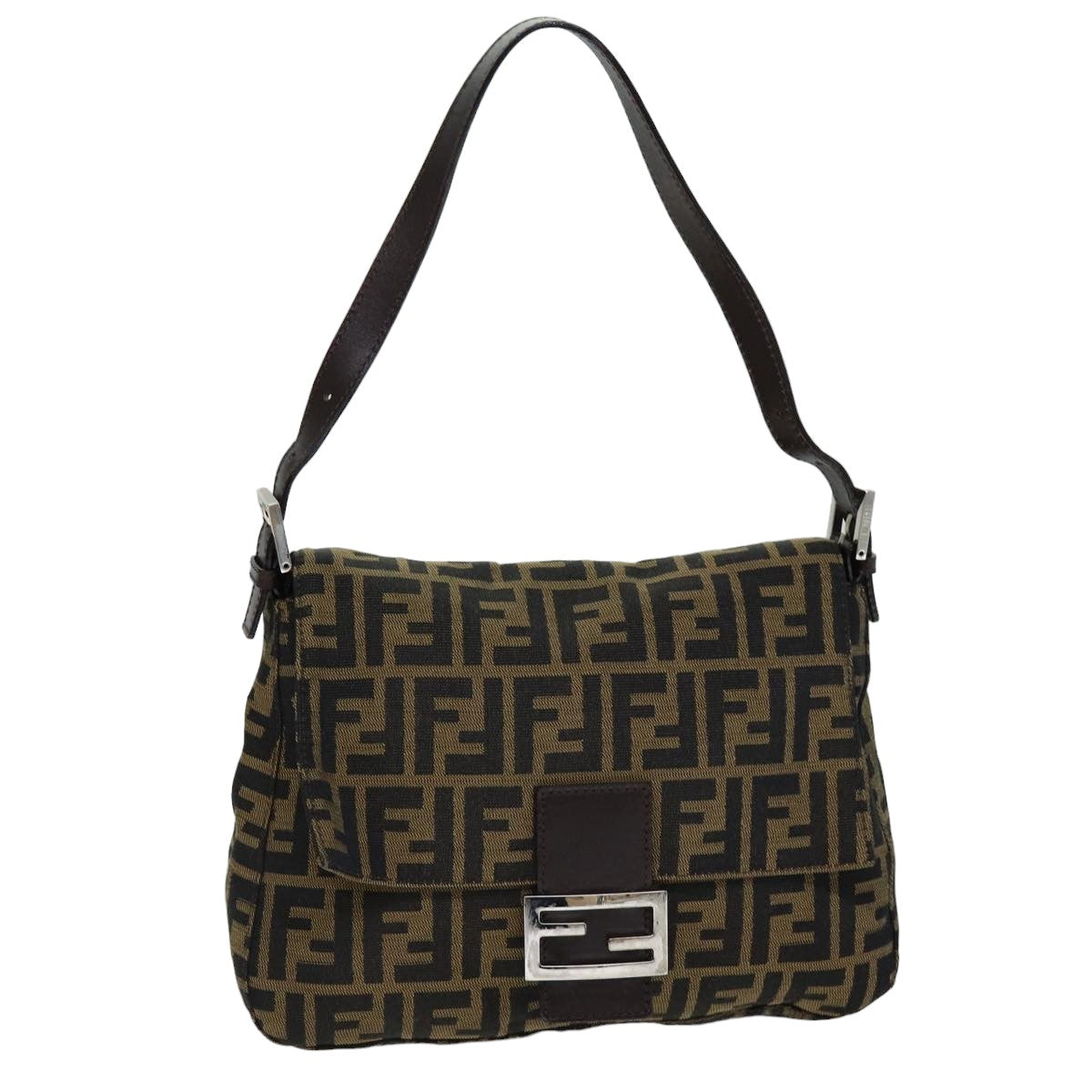 FENDI Zucca Canvas Mamma Baguette Shoulder Bag Black Brown Auth 76009