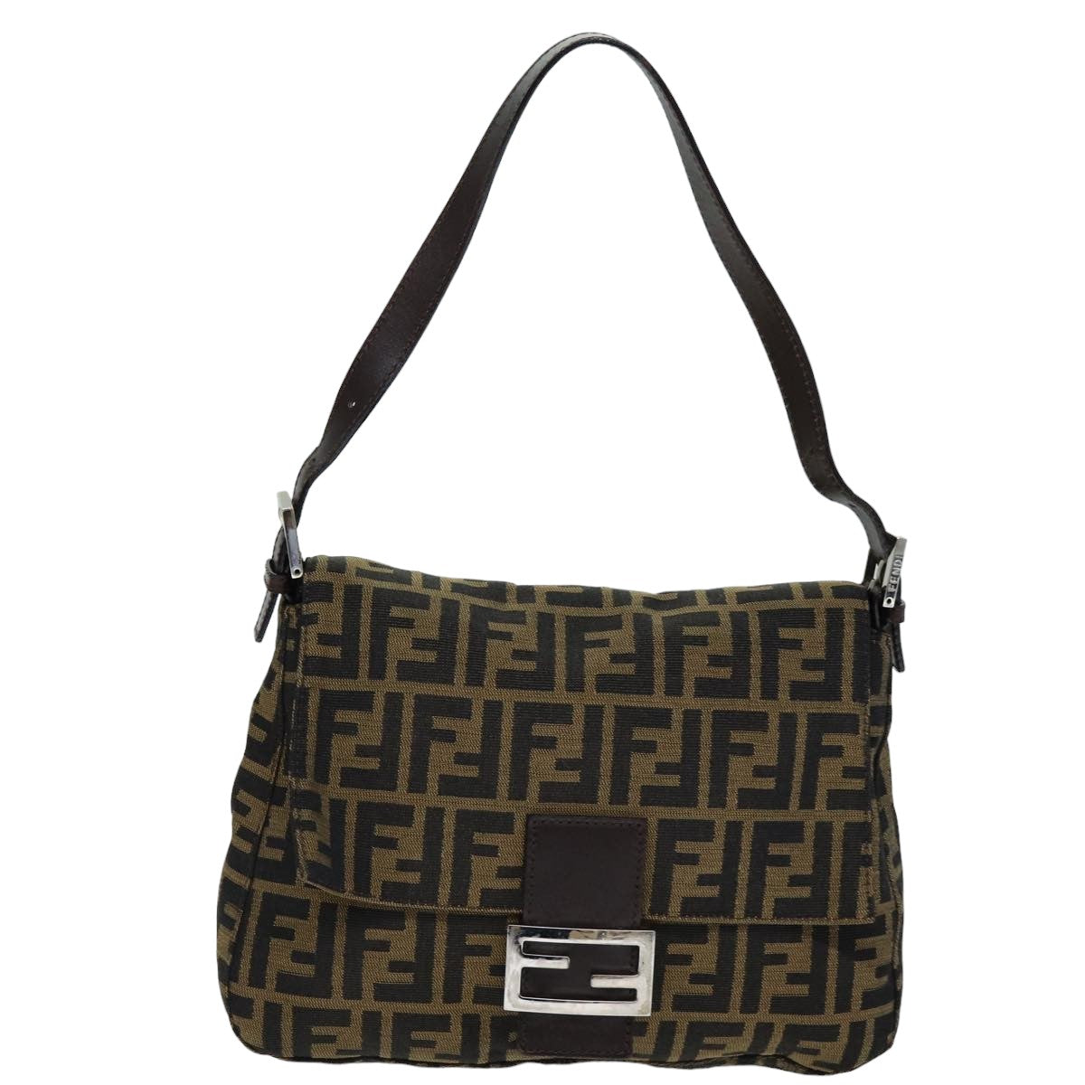 FENDI Zucca Canvas Mamma Baguette Shoulder Bag Black Brown Auth 76009