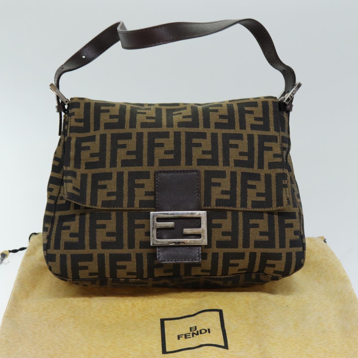 FENDI Zucca Canvas Mamma Baguette Shoulder Bag Black Brown Auth 76009