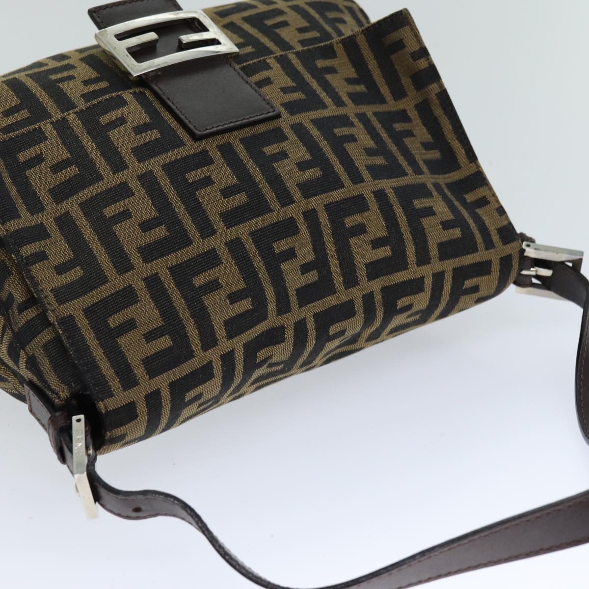 FENDI Zucca Canvas Mamma Baguette Shoulder Bag Black Brown Auth 76009