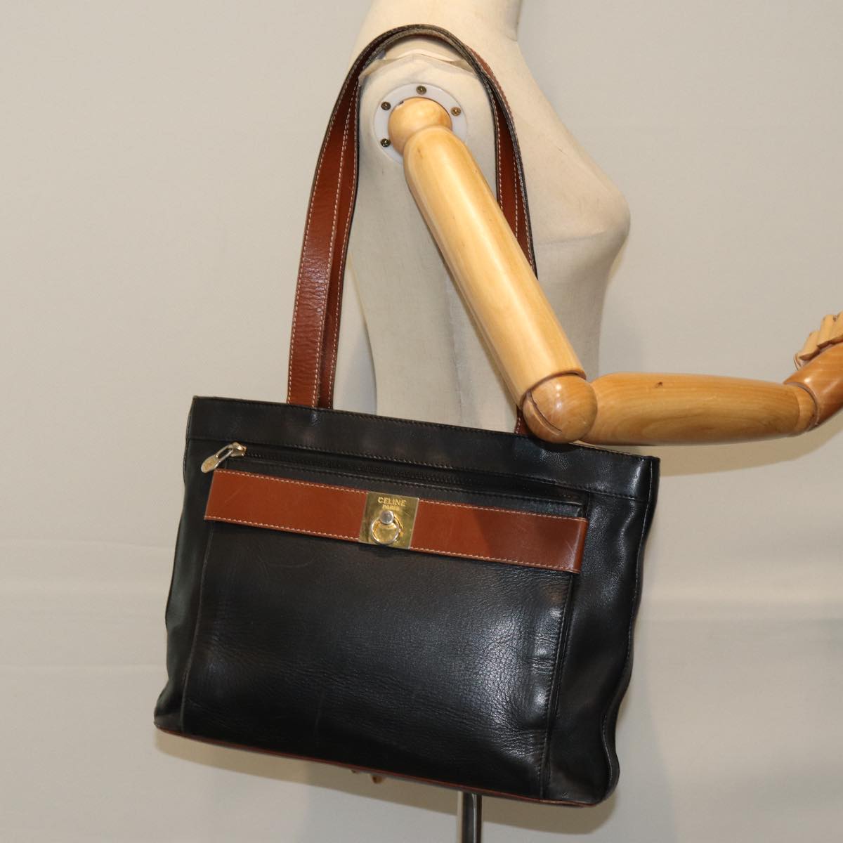 CELINE Tote Bag Leather Black Auth 76016