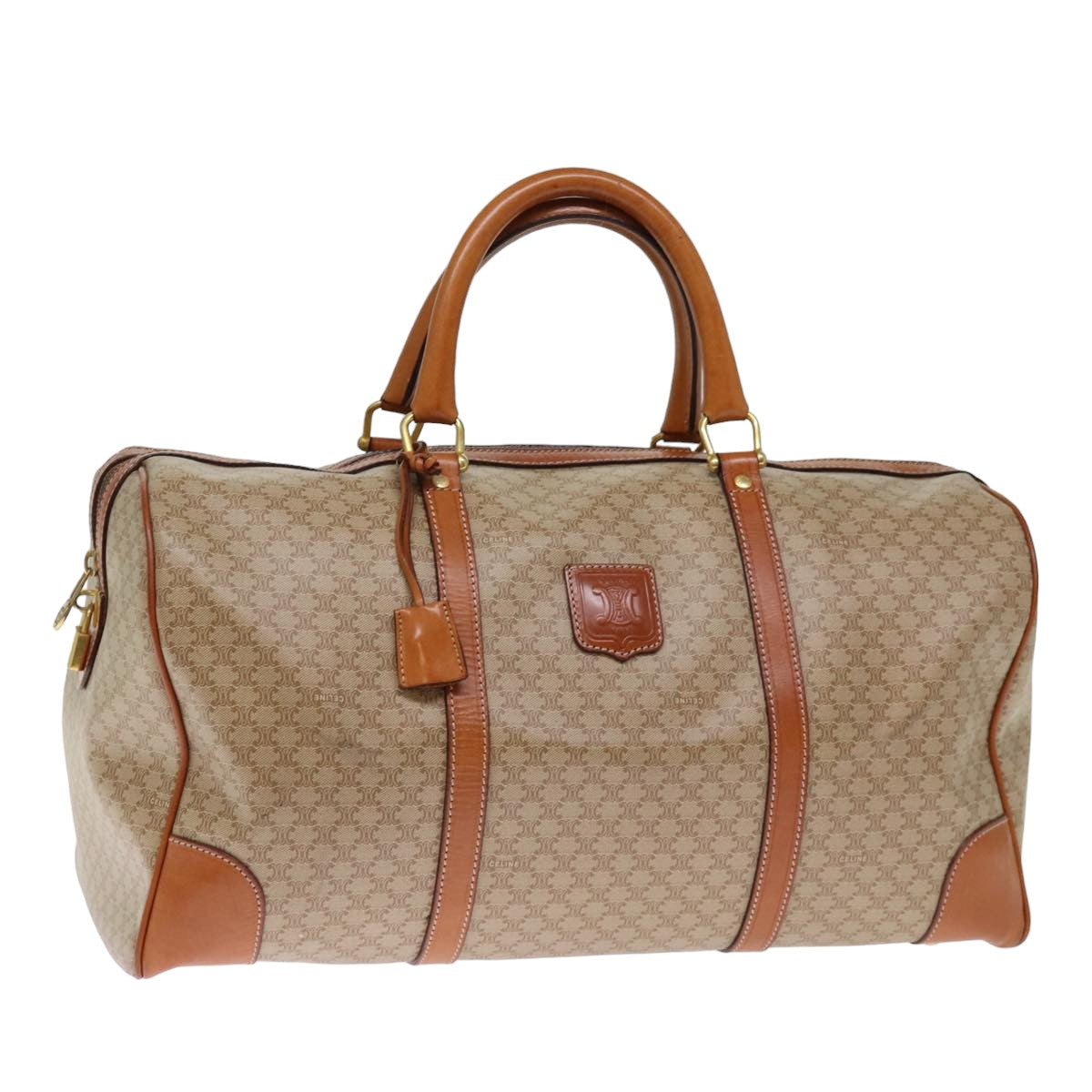 CELINE Macadam Canvas Boston Bag Beige Auth 76023