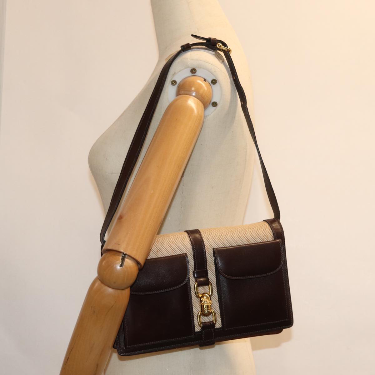 CELINE Shoulder Bag Canvas Leather Beige Auth 76079