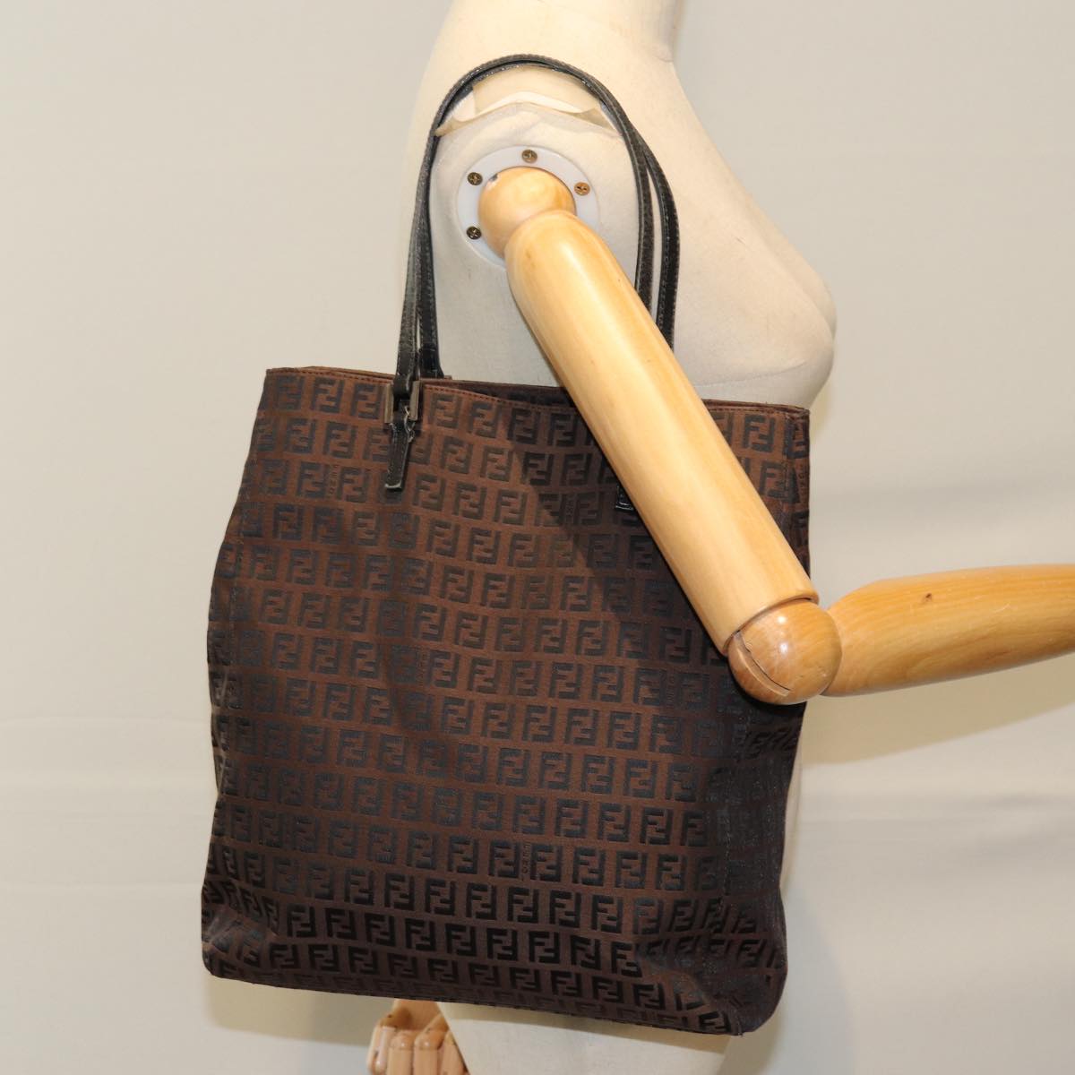 FENDI Zucchino Canvas Tote Bag Brown Black Auth 76132