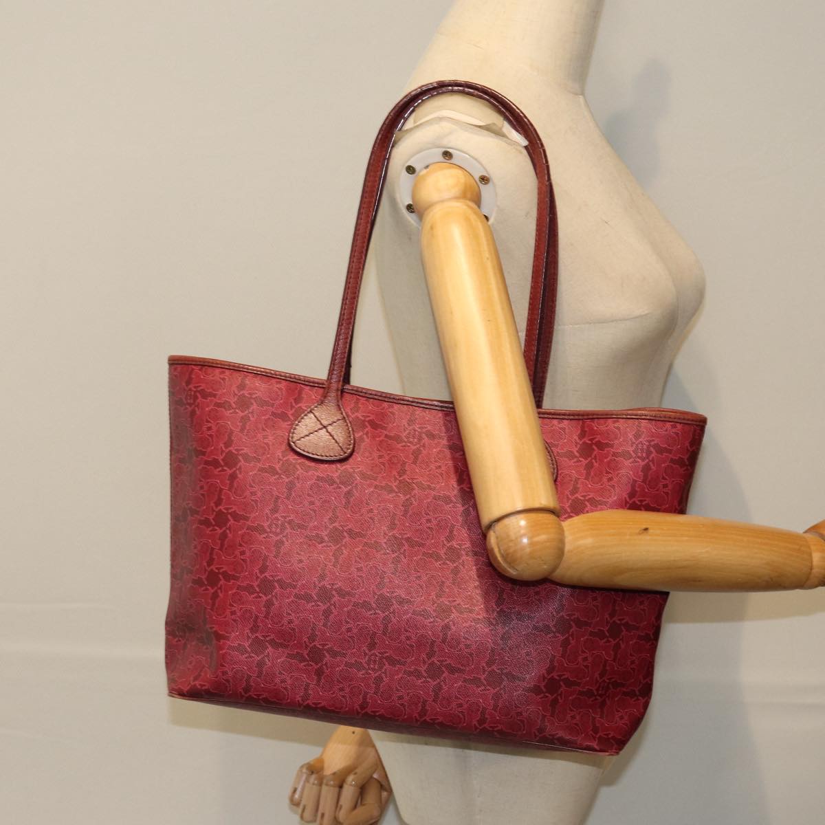 CELINE Horse Carriage Macadam Canvas Tote Bag PVC Leather Bordeaux Auth 76141