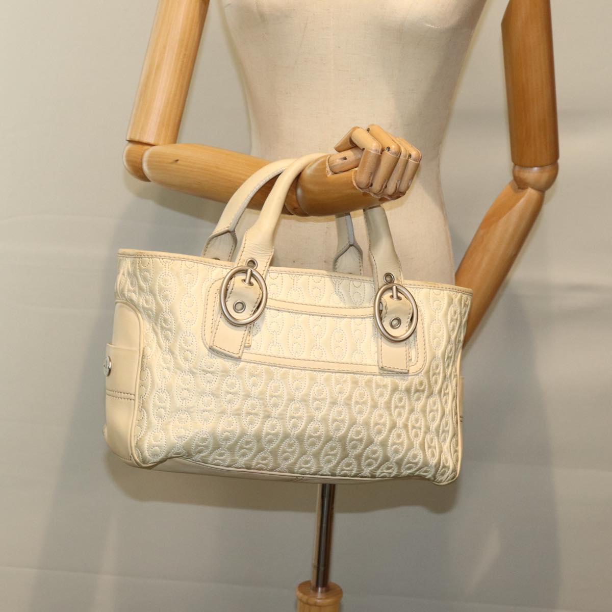 CELINE Tote Bag Leather White Auth 76144