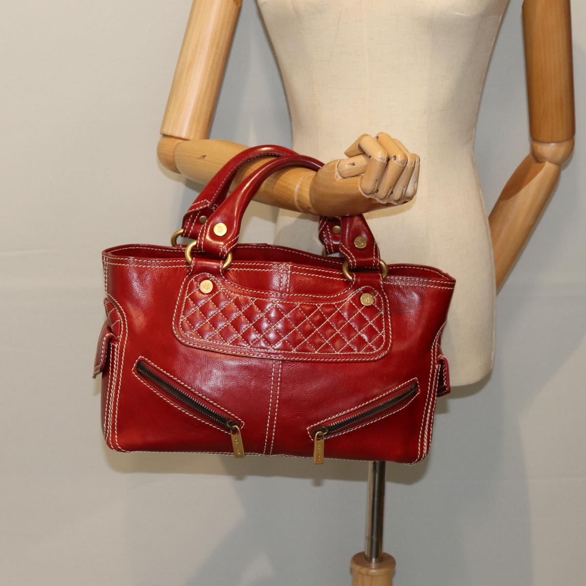 CELINE Hand Bag Leather Red Auth 76145