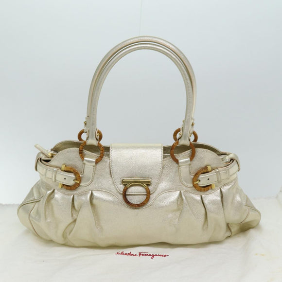 Salvatore Ferragamo Gancini Hand Bag Leather Gold Auth 76148