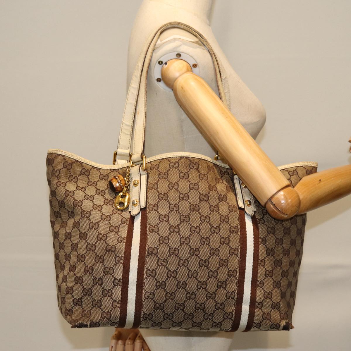 GUCCI GG Canvas Sherry Line Tote Bag Beige Brown 139260 Auth 76163