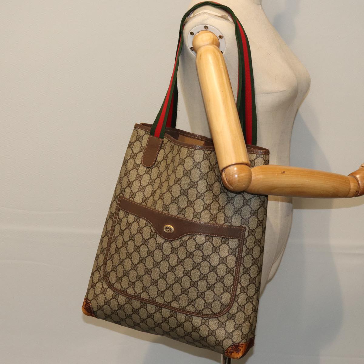 GUCCI GG Supreme Web Sherry Line Tote Bag PVC Beige Red 002 58 6487 Auth 76166