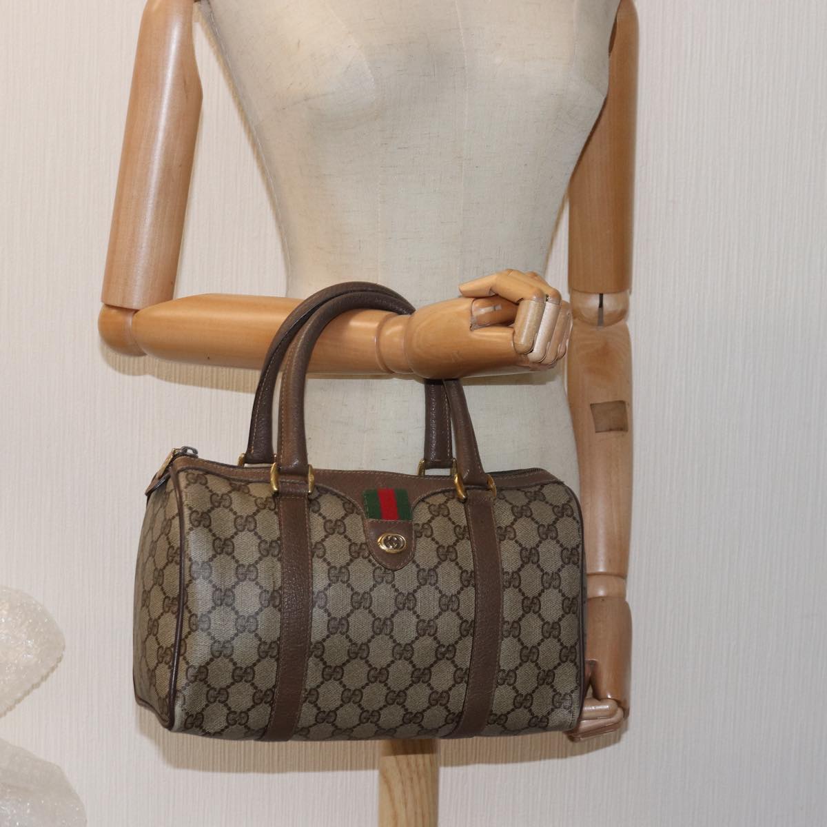 GUCCI GG Supreme Web Sherry Line Hand Bag PVC Beige Red 40 02 006 Auth 76193