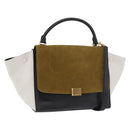 CELINE Trapeze Hand Bag Suede Leather 2way Black Khaki Auth 76216-1