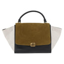 CELINE Trapeze Hand Bag Suede Leather 2way Black Khaki Auth 76216-13
