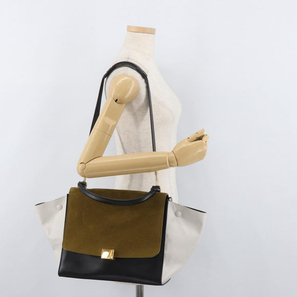 CELINE Trapeze Hand Bag Suede Leather 2way Black Khaki Auth 76216