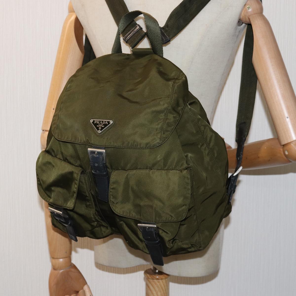 PRADA Backpack Nylon Khaki Auth 76369