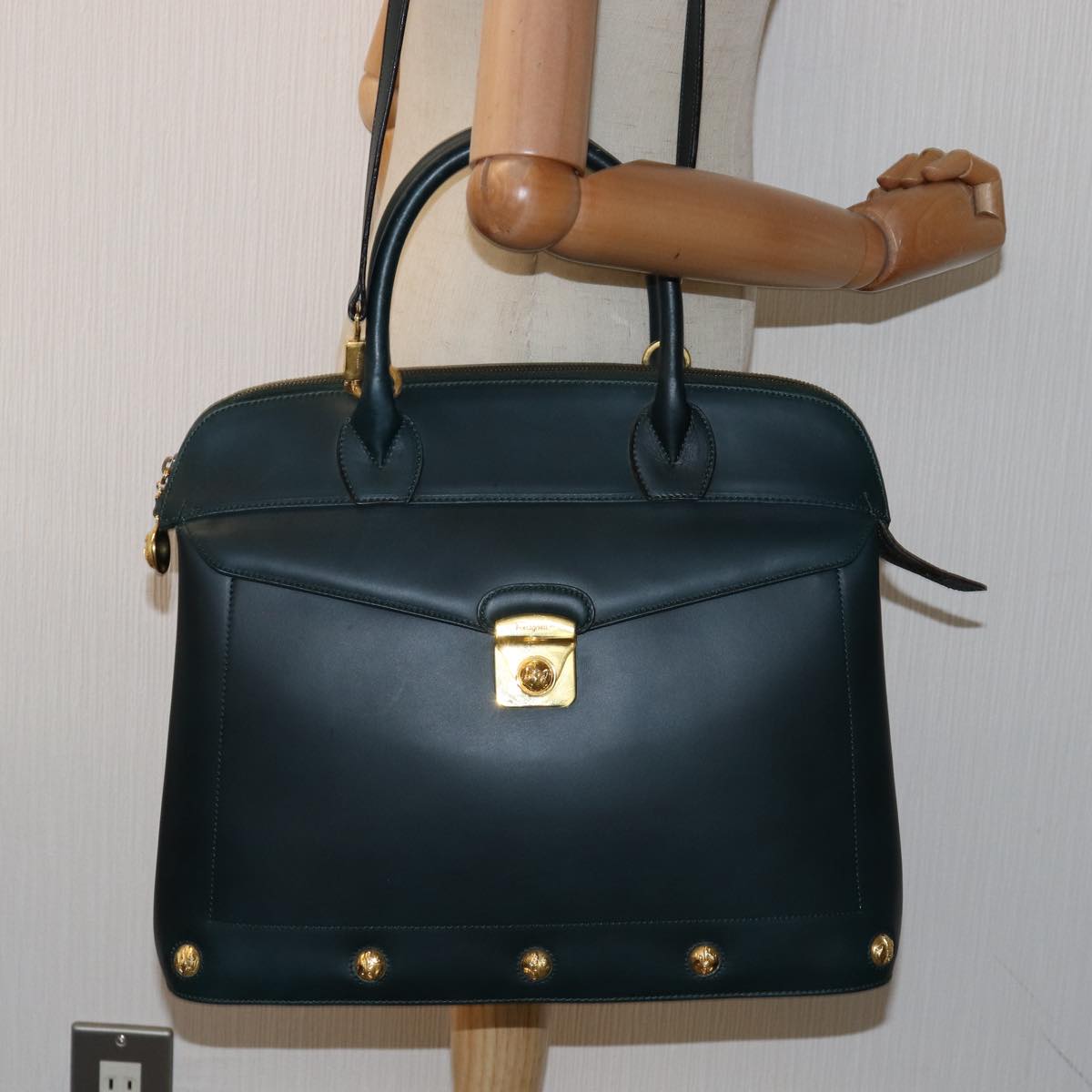 Salvatore Ferragamo Hand Bag Leather 2way Green Auth 76381