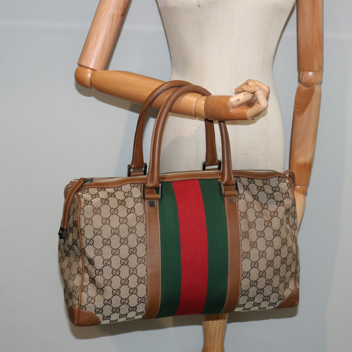 GUCCI GG Canvas Web Sherry Line Boston Bag Beige Red 2122 000 5301 Auth 76390