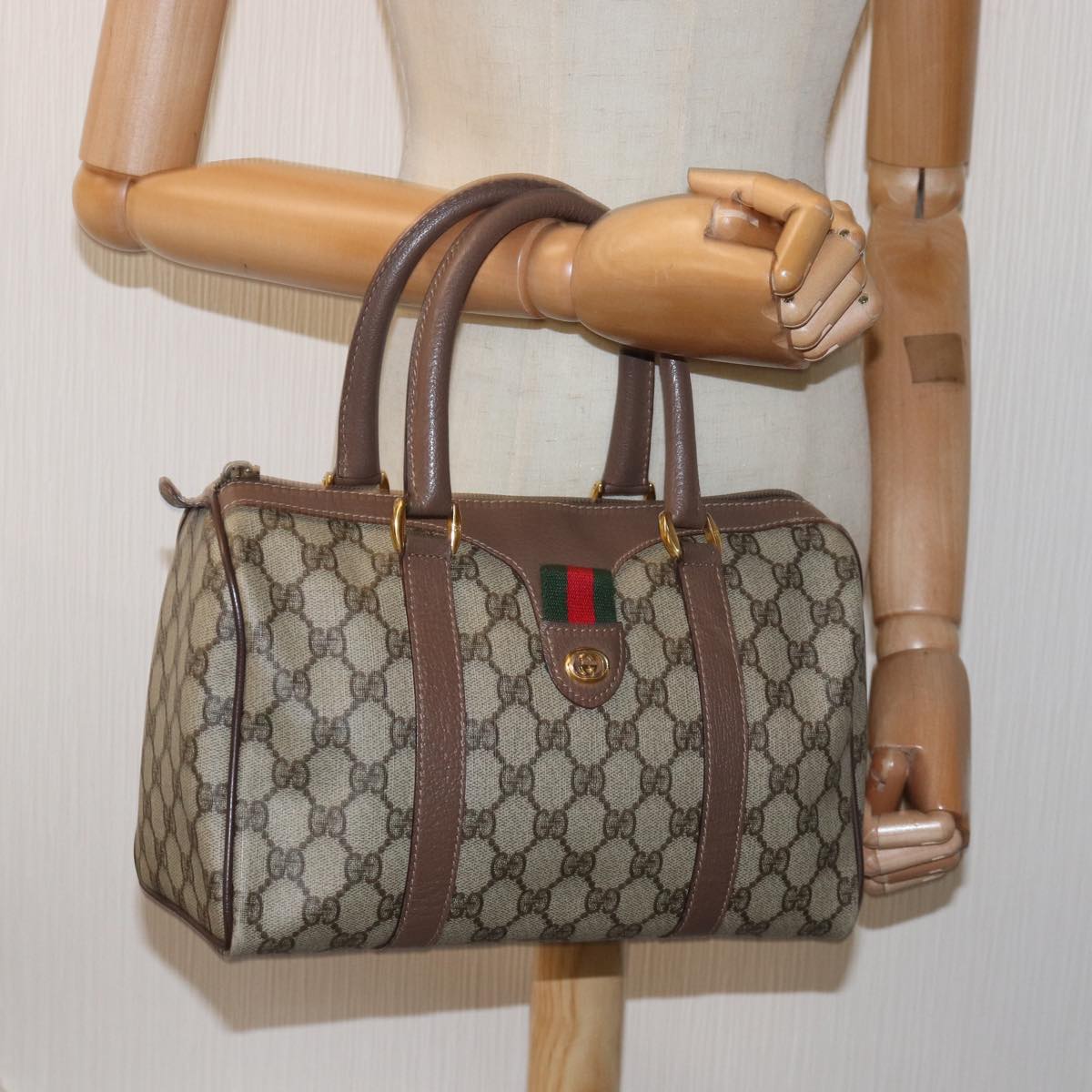 GUCCI GG Supreme Web Sherry Line Boston Bag PVC Beige 002 615 6838 Auth 76396