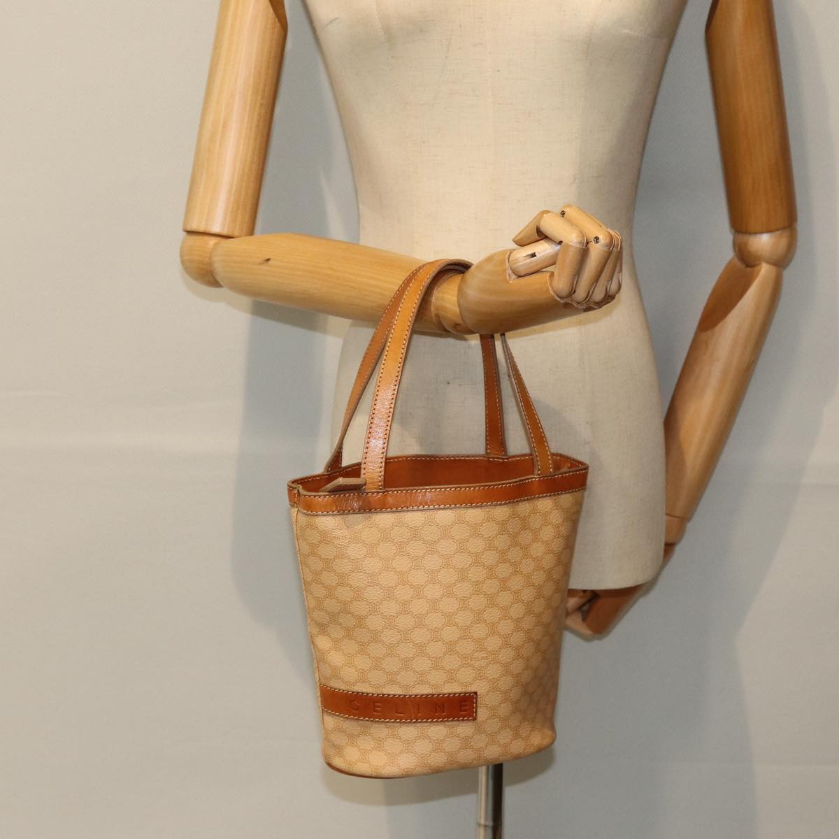 CELINE Macadam Canvas Hand Bag PVC Beige Auth 76406