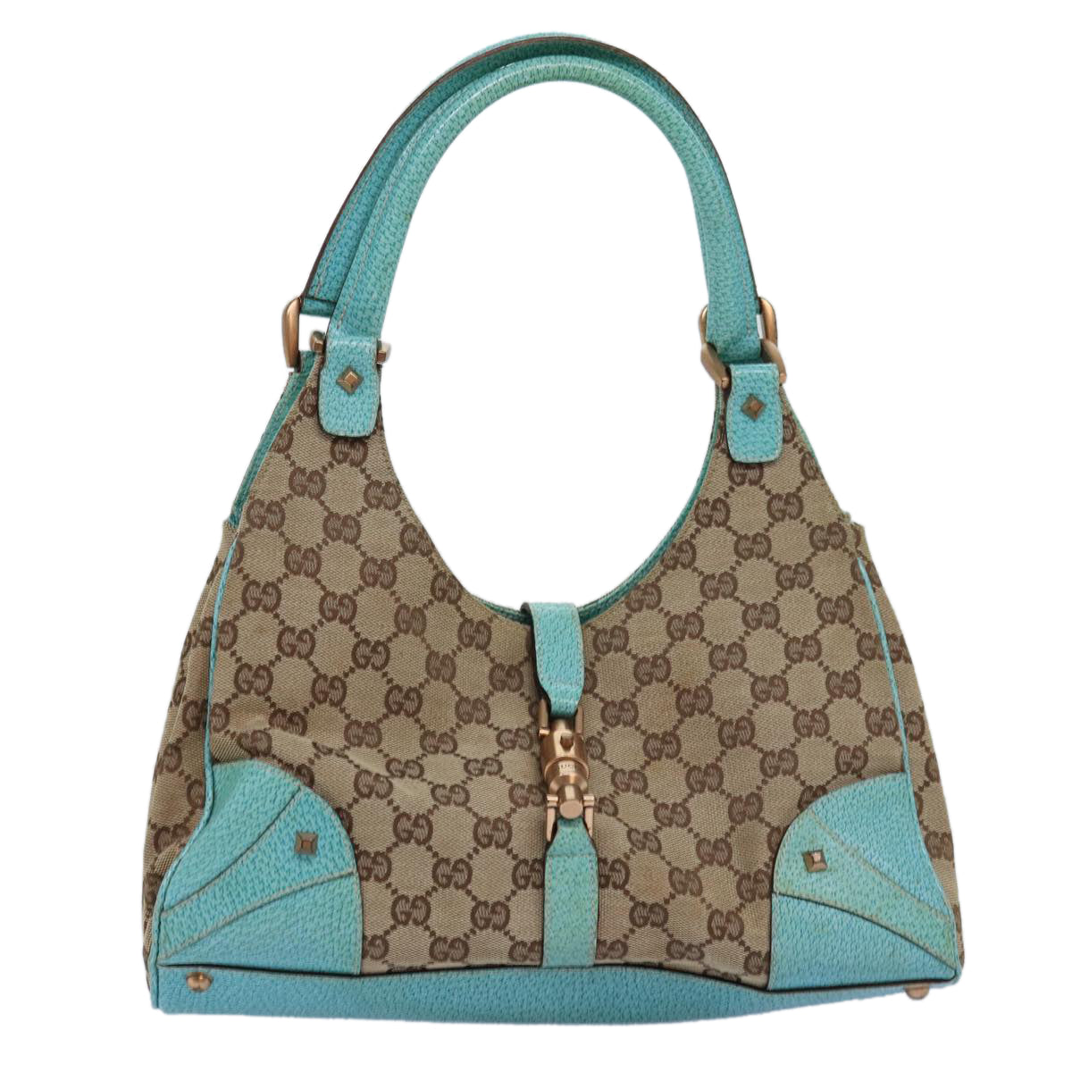 GUCCI GG Canvas New Jackie Shoulder Bag Turquoise Blue 124407 Auth 76451