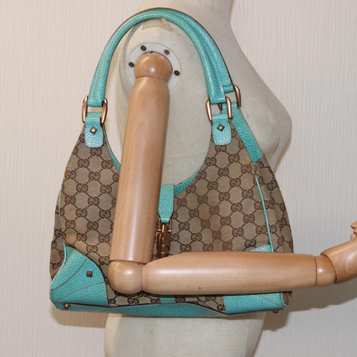 GUCCI GG Canvas New Jackie Shoulder Bag Turquoise Blue 124407 Auth 76451