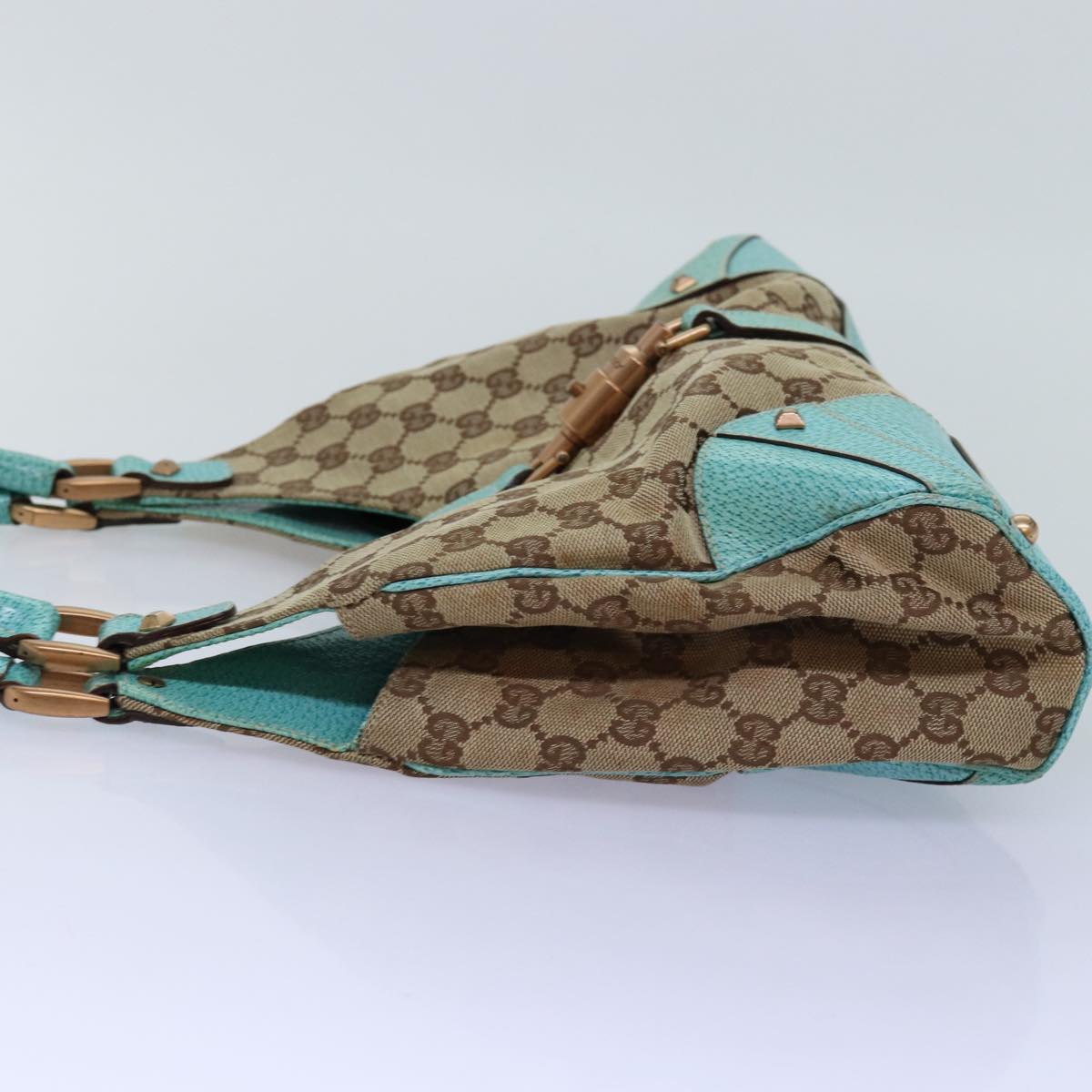 GUCCI GG Canvas New Jackie Shoulder Bag Turquoise Blue 124407 Auth 76451