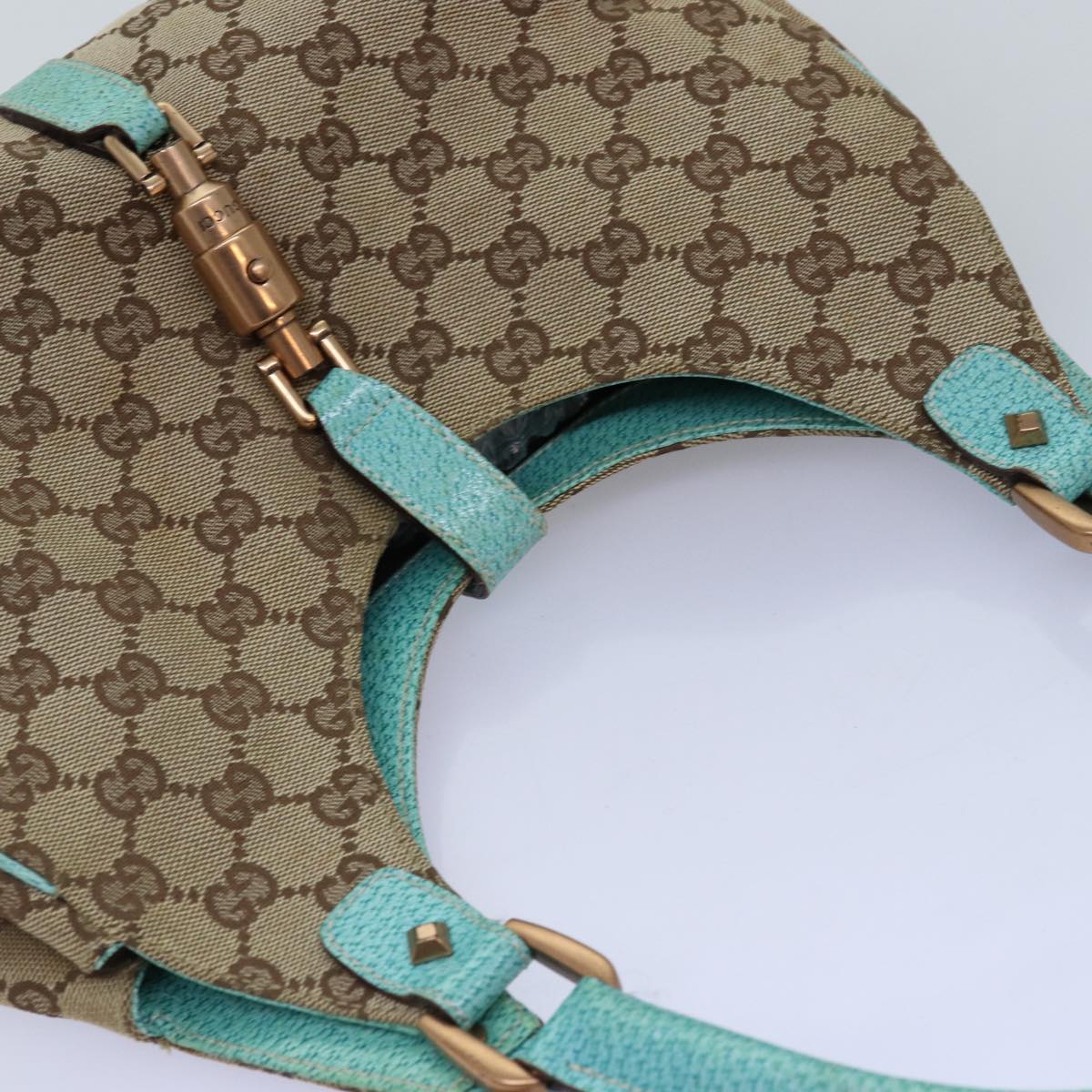 GUCCI GG Canvas New Jackie Shoulder Bag Turquoise Blue 124407 Auth 76451