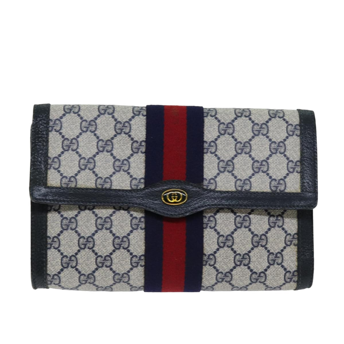 GUCCI GG Supreme Sherry Line Clutch Bag PVC Navy Red 84 01 006 Auth 76465