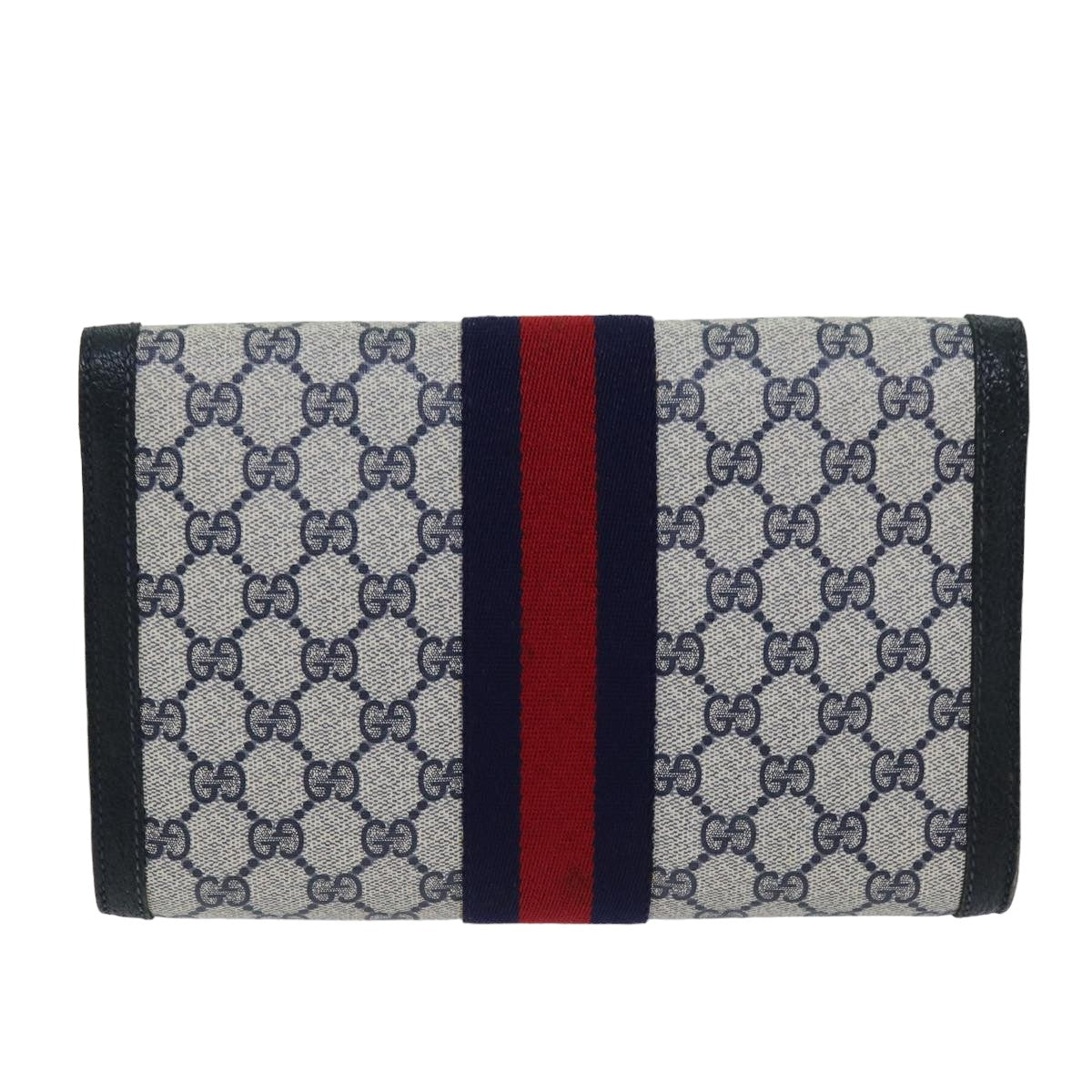 GUCCI GG Supreme Sherry Line Clutch Bag PVC Navy Red 84 01 006 Auth 76465