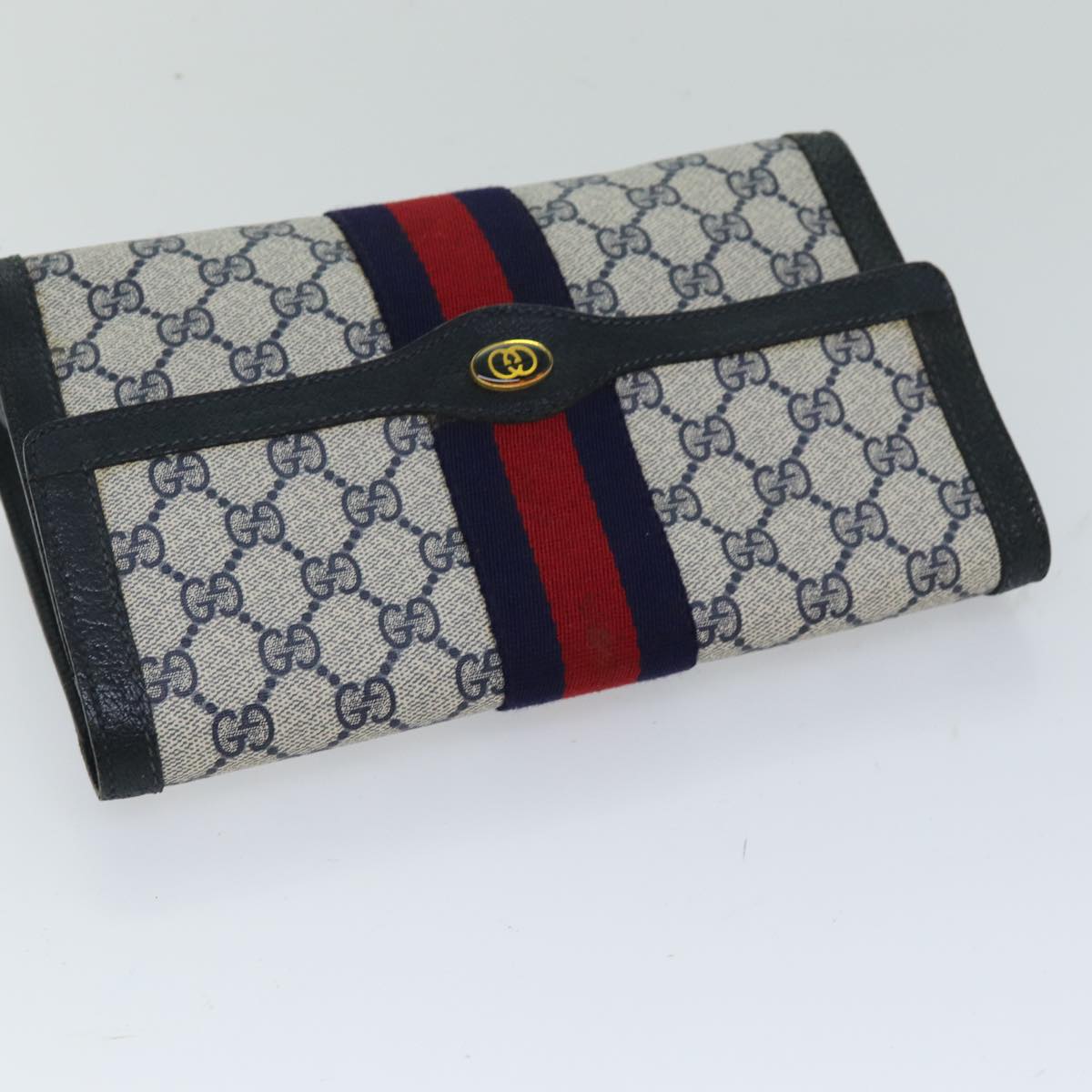 GUCCI GG Supreme Sherry Line Clutch Bag PVC Navy Red 84 01 006 Auth 76465