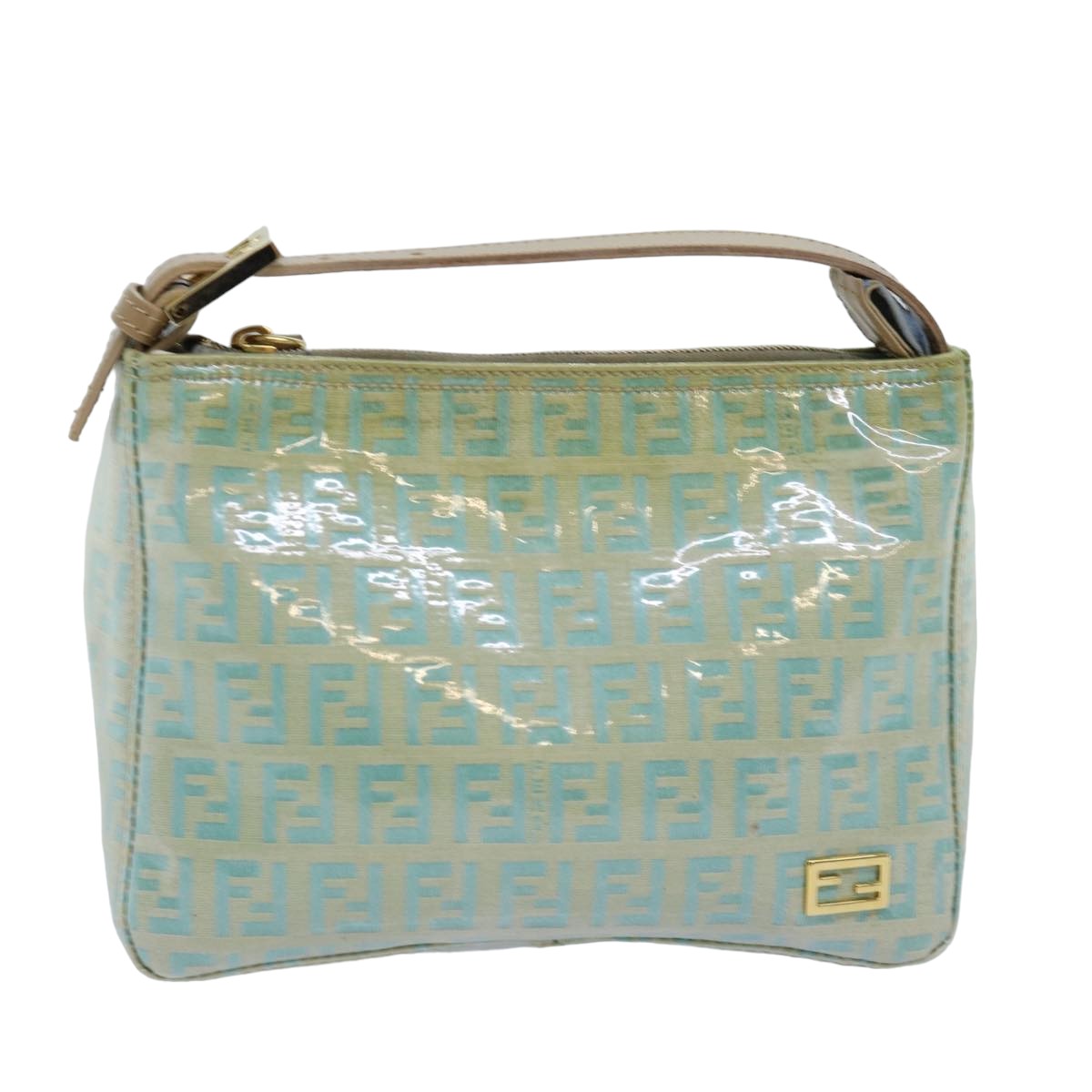 FENDI Zucchino Canvas Hand Bag Enamel Turquoise Blue Auth 76474