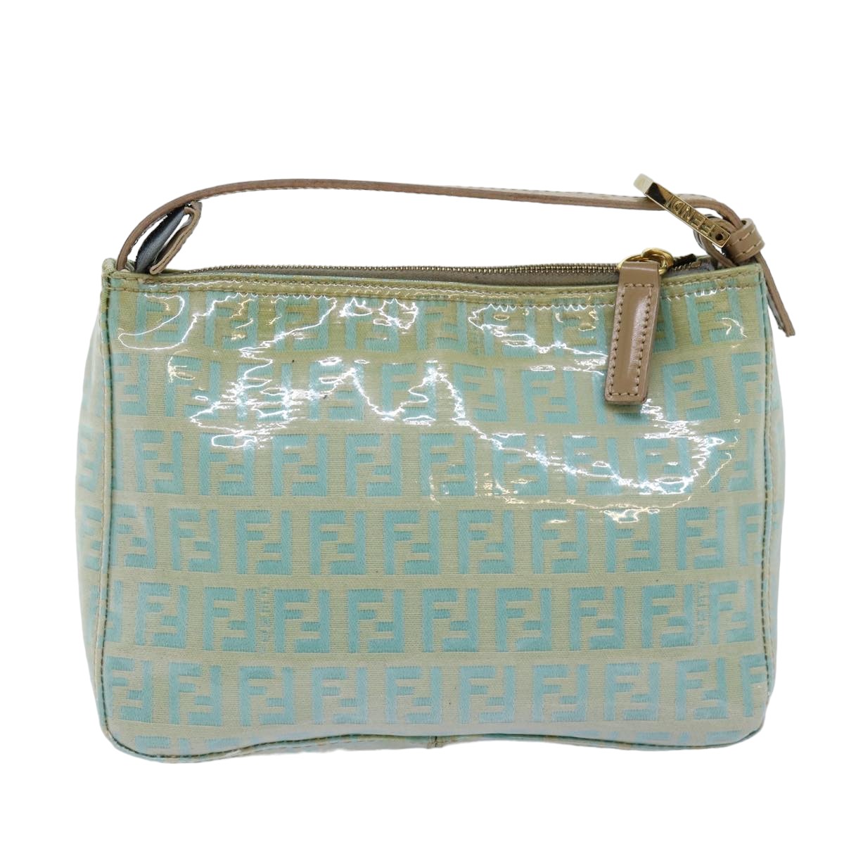 FENDI Zucchino Canvas Hand Bag Enamel Turquoise Blue Auth 76474