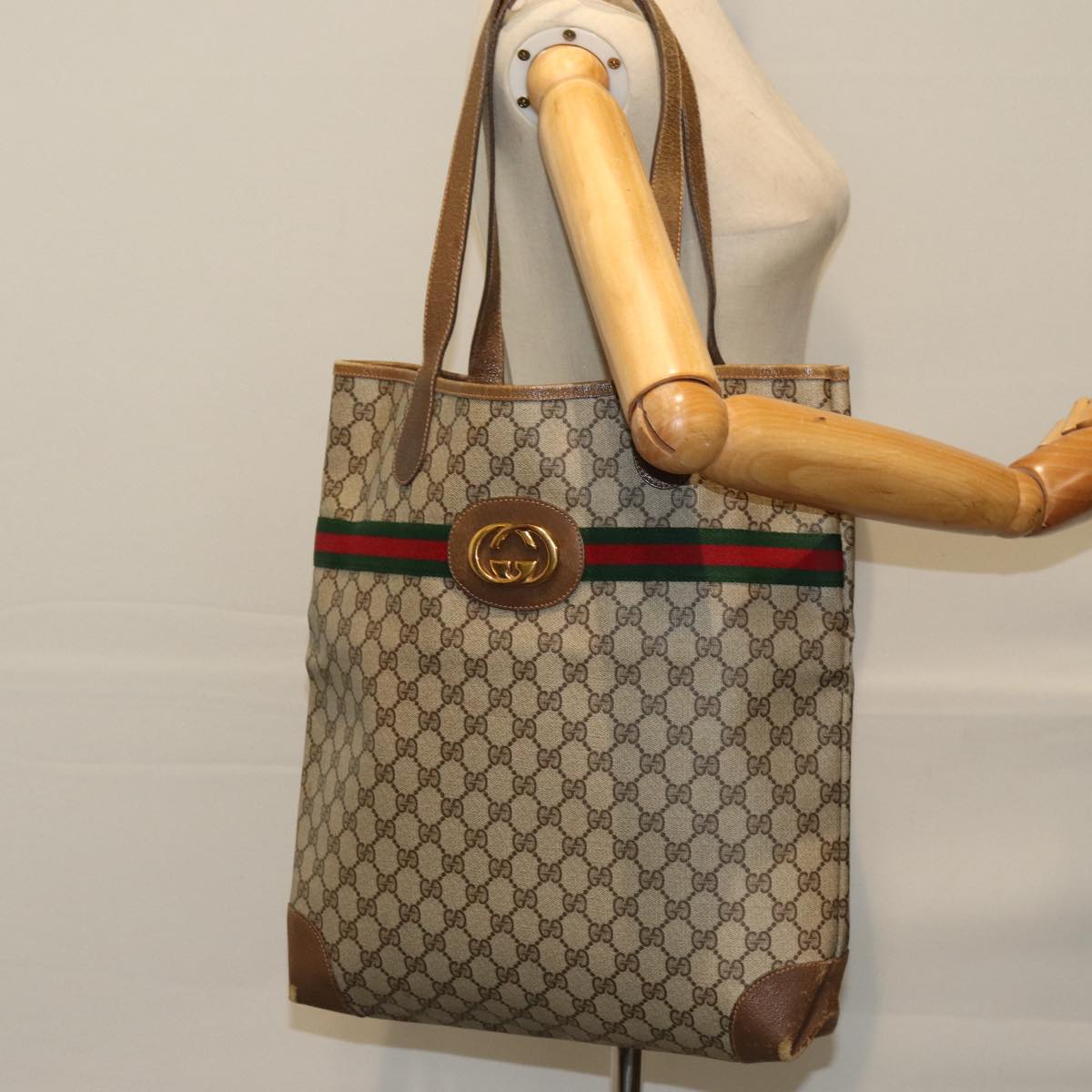 GUCCI GG Supreme Web Sherry Line Tote Bag PCV Beige Red 002 904 0131 Auth 76489