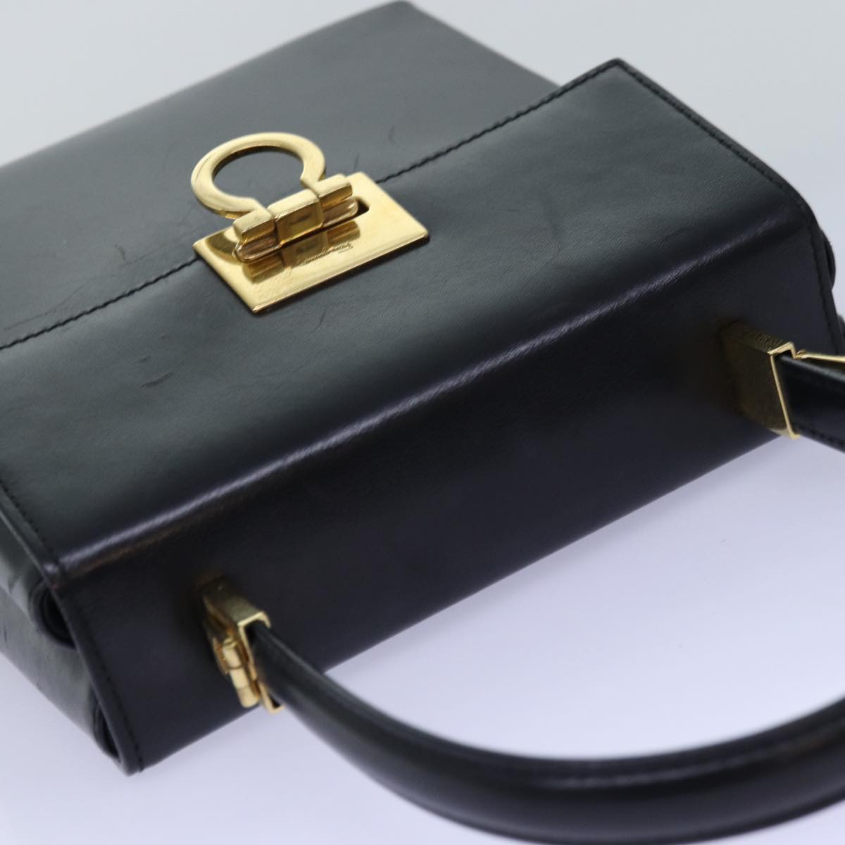 Salvatore Ferragamo Gancini Hand Bag Leather Black Auth 76548