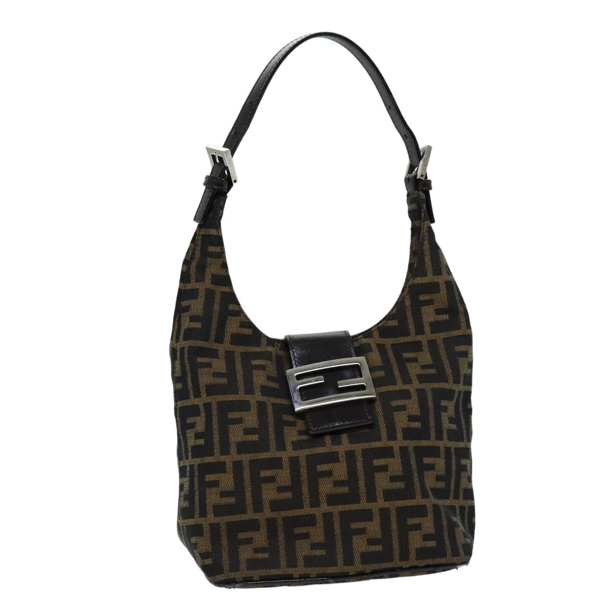 FENDI Zucca Canvas Mamma Baguette Shoulder Bag Black Brown Auth 76559