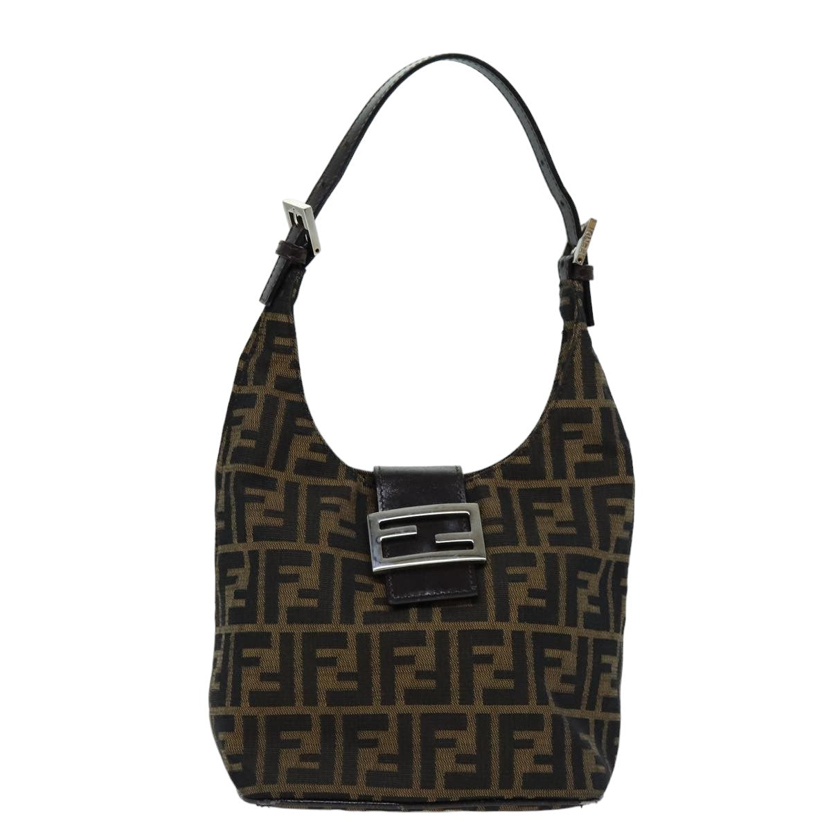 FENDI Zucca Canvas Mamma Baguette Shoulder Bag Black Brown Auth 76559